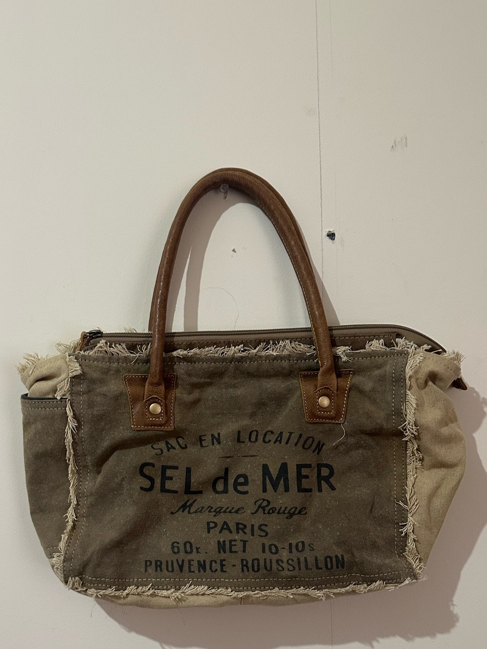Myra Sel De Mer Upcycled Canvas Leather Accented Tan Shoulder Bag